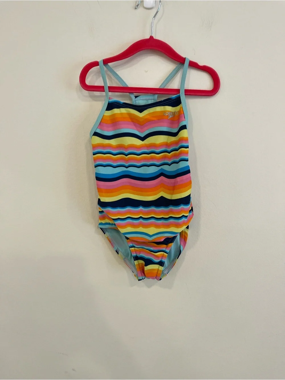 Speedo Girls Rainbow Wave Stripe One-Piece Swimsuit - Light Blue Trim